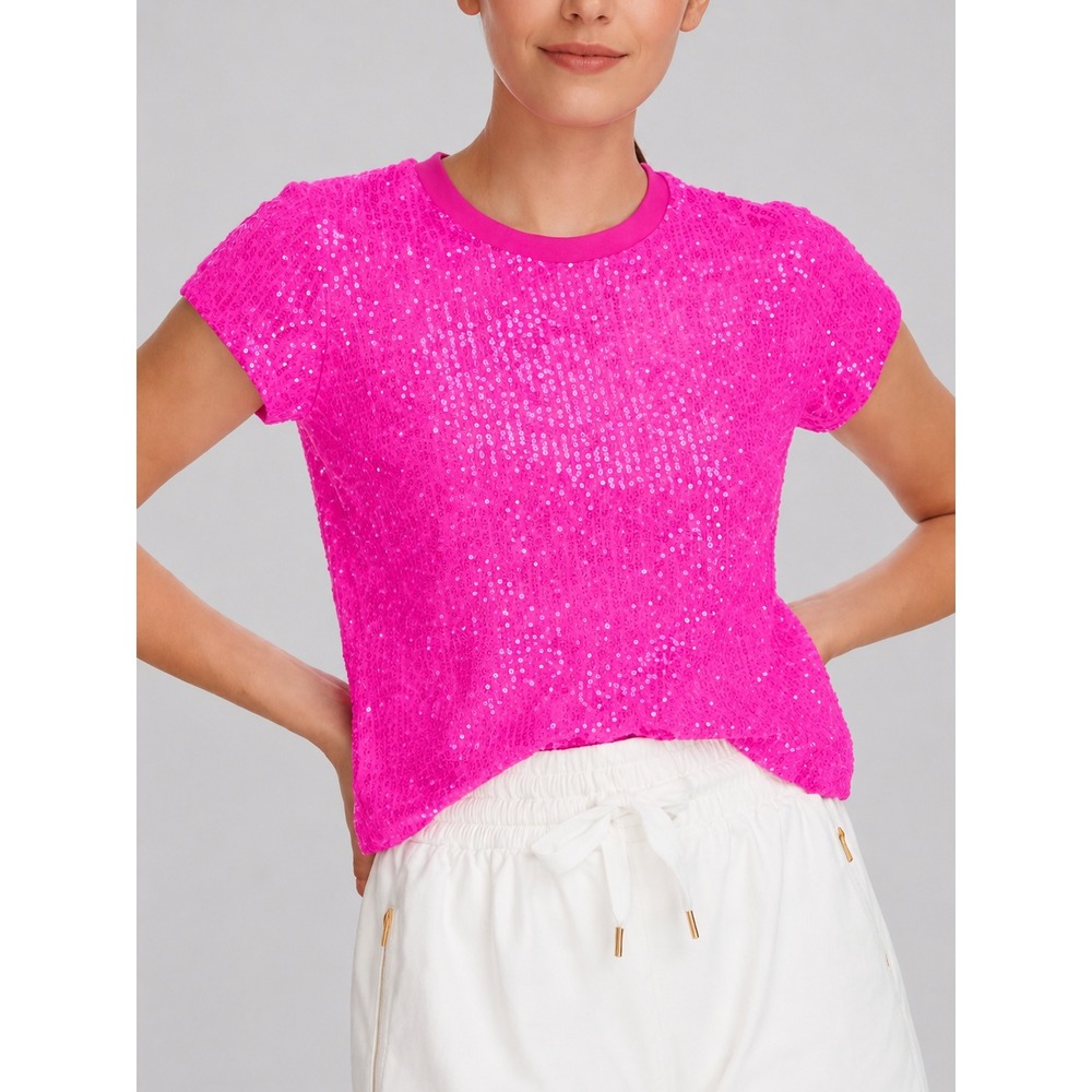 Generation Love NEW Kai Barbie Pink Sequined Short Sleeve Top SZ Large Glam Y2K